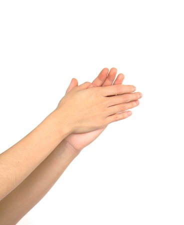 Beautiful woman hands with french manicure isolated on white background.の写真素材