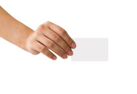 Businessman's hand holding blank paper business card, closeup isolated on white backgroundの写真素材