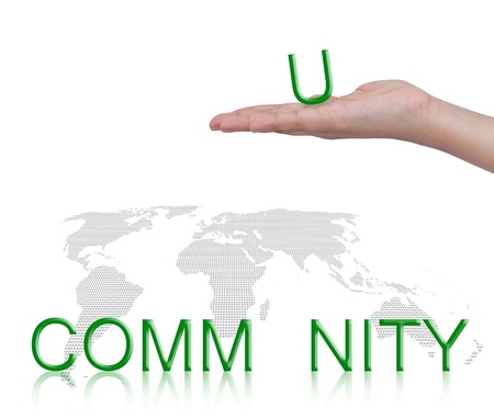 Word Community and female hand, business concept, isolated on white backgroundの写真素材
