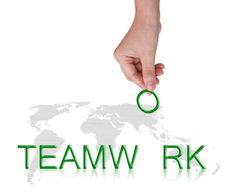 Word Teamwork and female hand, business concept, isolated on white backgroundの写真素材