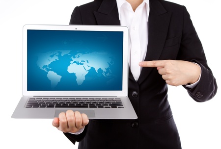 Businessperson holding an open laptop isolated on white backgroundの写真素材