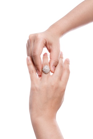 Engagement Ring in hand isolate on white backgroundの写真素材