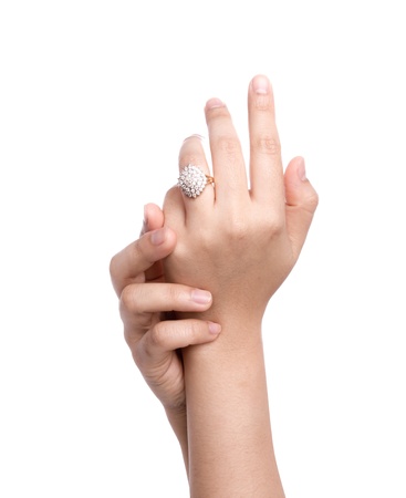 Engagement Ring in hand isolate on white backgroundの写真素材