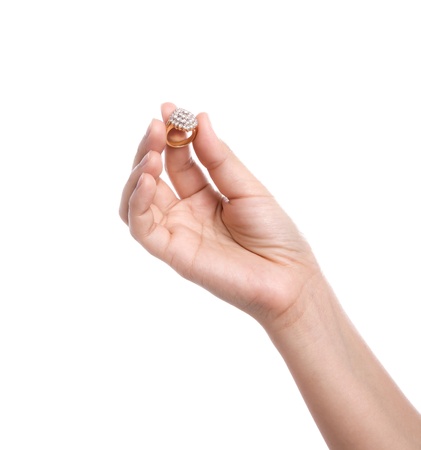 Engagement Ring in hand isolate on white backgroundの写真素材