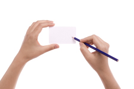 Hand card and pencil  isolated on whiteの写真素材