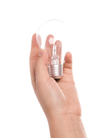 Light bulb in hand isolated on a white backgroundの写真素材