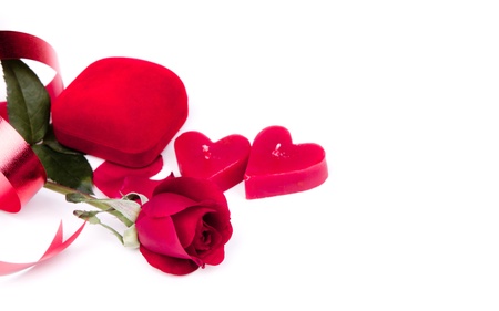 Red rose ,Heart candle,Red box and Red ribbon on the white backgroundの写真素材