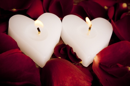 Valentines candles on rose petals backgroundの写真素材
