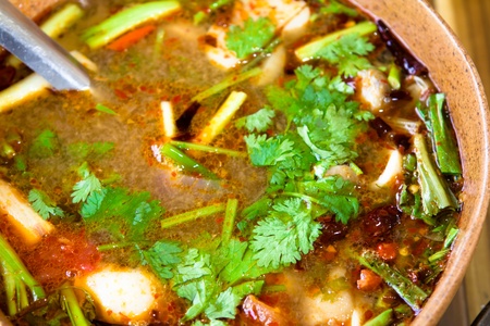 Spicy tom yum soup with shrimpの写真素材