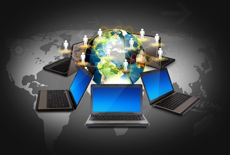 Social networking concept : Laptop with social network on world mapの写真素材
