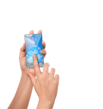 Hand hold cloud computing touch screen mobile phoneの写真素材