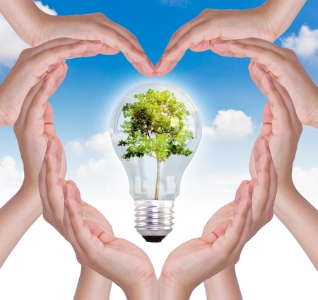 Hands make heart shape and light bulb with tree inside over blue skyの写真素材