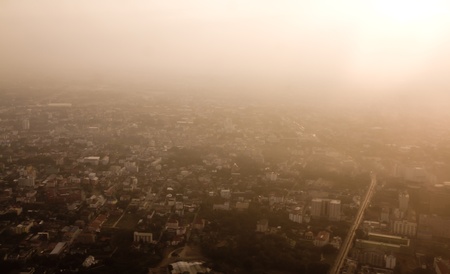 Arial view of town at Sunsetの写真素材