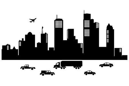 Silhouette  of  cities with car and planeの写真素材