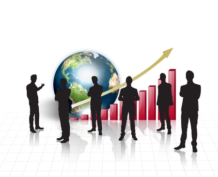 Silhouettes of business on world map  with red graph and earth  (Elements of this image furnished by NASA)の写真素材