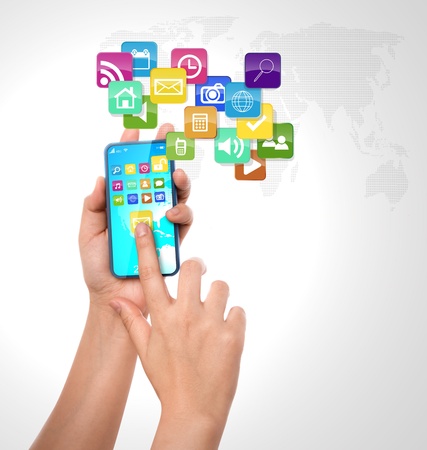Mobile phone with colorful application iconsの写真素材