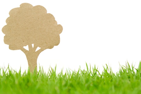 Paper cut of  tree on fresh spring green grassの写真素材