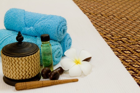 Health spa with white flower ,bottles with essential oilの写真素材