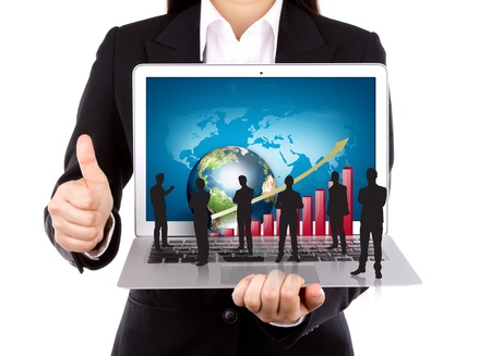 Business people hold Laptop with silhouette peopleの写真素材