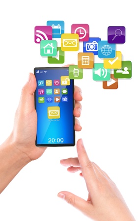 Mobile phone with colorful application iconsの写真素材