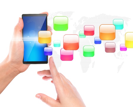 Mobile phone with colorful application iconsの写真素材