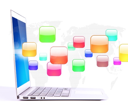 Laptop with colorful application icons isolated on white backgroundの写真素材