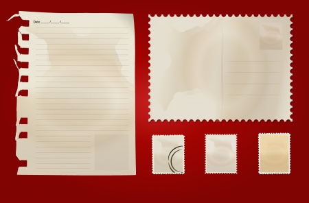 Old postcard, stamp set and old paper. Vector Illustration.のイラスト素材