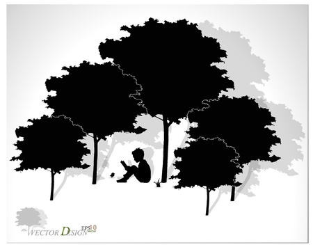 Vector background with children read a book under tree. のイラスト素材