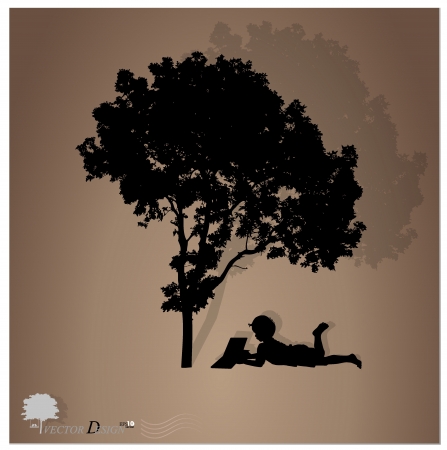 Background with children read a book under tree. のイラスト素材