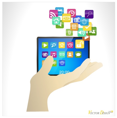 Business man holding the modern digital tablet pc with cloud of colorful application.のイラスト素材