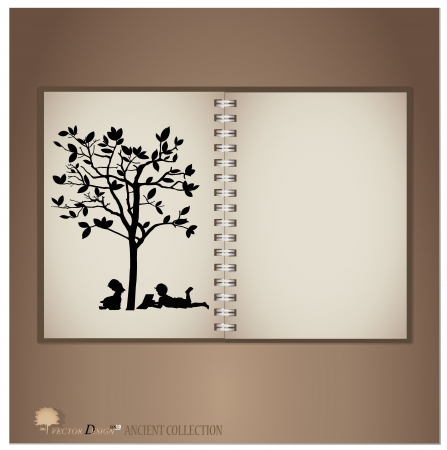 Vintage notebook designs (Silhouette of children read a book under tree). のイラスト素材