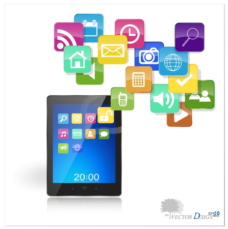 Touchscreen modern tablet pc with cloud of colorful application.のイラスト素材