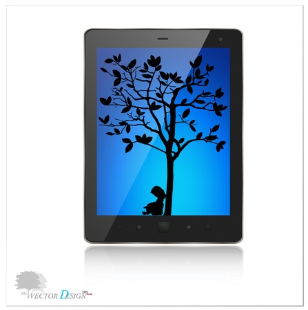 A modern tablet pc with silhouette of children read a book under tree. のイラスト素材