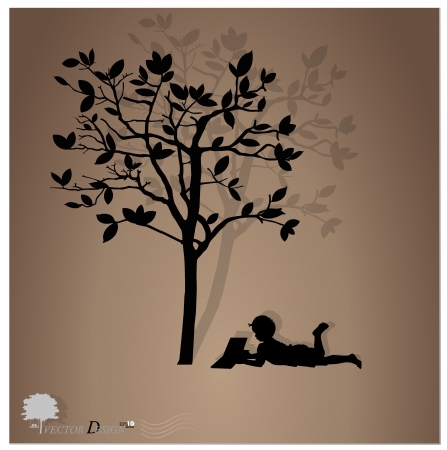 Background with children read a book under tree. のイラスト素材