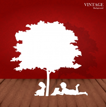 Seamless retro pattern background with children read a book under tree. のイラスト素材