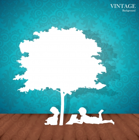 Seamless retro pattern background with children read a book under tree. のイラスト素材
