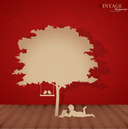 Seamless retro pattern background with children read a book under tree. のイラスト素材