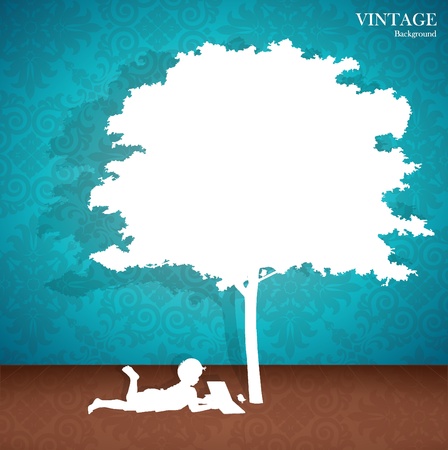 Seamless retro pattern background with children read a book under tree. のイラスト素材