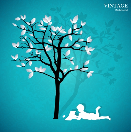 Background with children read a book under tree.