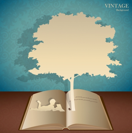 Seamless retro pattern background with children read a book under tree. のイラスト素材