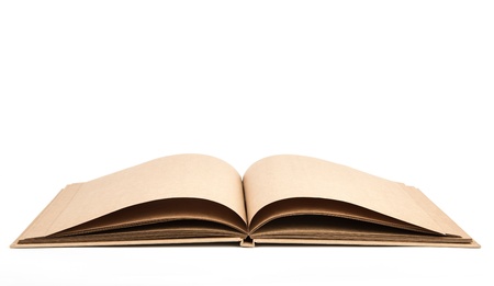 Opened book with blank pages isolated over white backgroundの写真素材