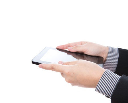 Business man using a touch screen device against white backgroundの写真素材