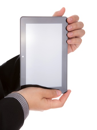 Business man using a touch screen device against white backgroundの写真素材