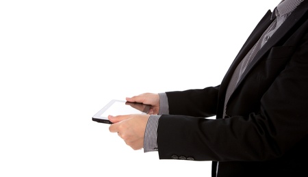 Business man using a touch screen device against white backgroundの写真素材