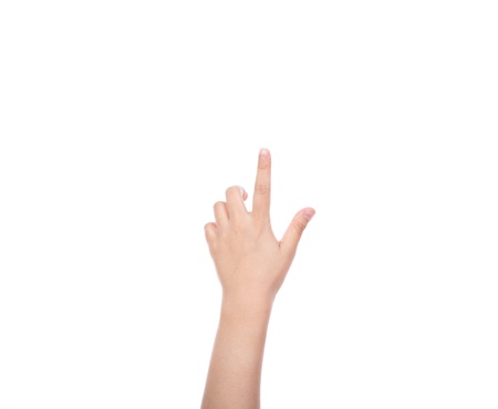 Woman hand touching virtual screen isolated on white backgroundの写真素材