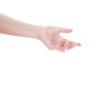 Beautiful woman's hand, palm up isolated on white backgroundの写真素材