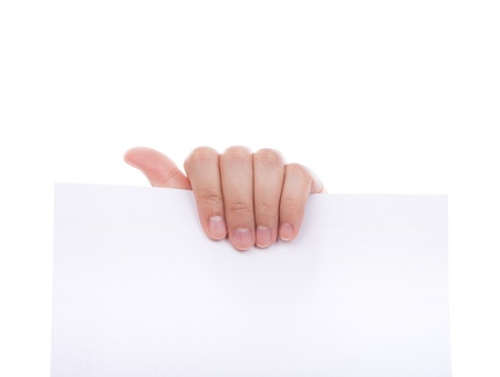 Woman hand holding white empty paper isolated on white backgroundの写真素材