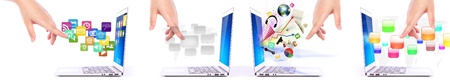 Collection of Female hands writing on laptop with application iconsの写真素材