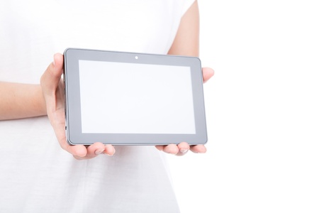 Woman hand using a touch screen device against white backgroundの写真素材