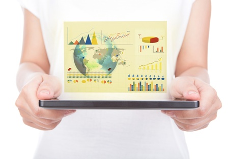 Woman hand using a touch screen device against white background (Elements of this image furnished by NASA)の写真素材
